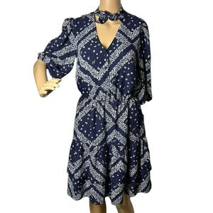 Y2K Nanette Lepore tiered,puff sleeve,floral,tie wrap,cut out,midi dress,sz 4,